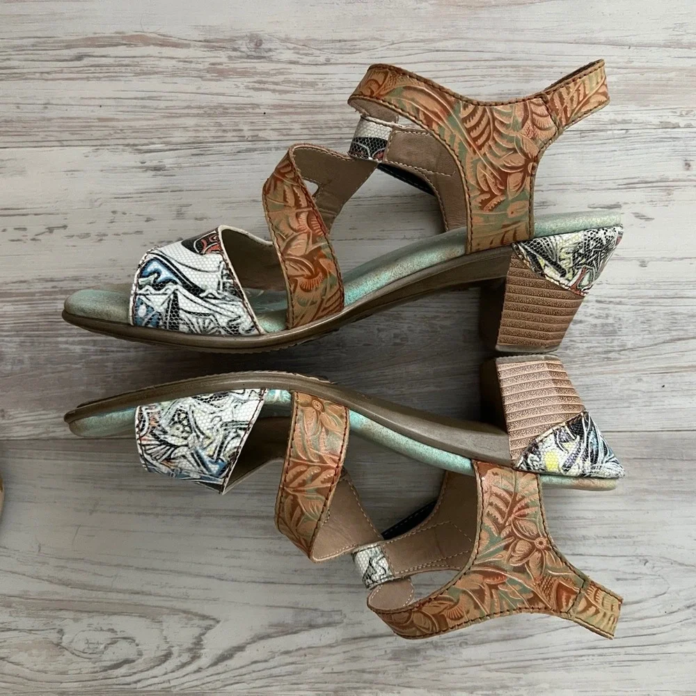 Spring Step L'Artiste Marvel Leather Sandals Multi Color Floral Boho Heel 38